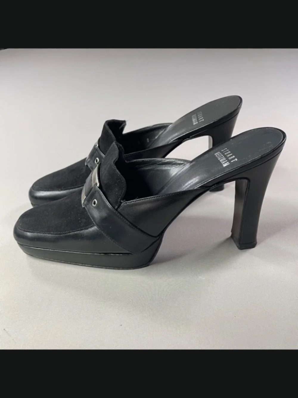 Stuart Weitzman Shoes Womens 8 black leather loafer heels horse bit slip on - Picture 4 of 12